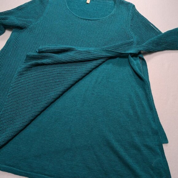 EILEEN FISHER Green 100 % Organic Linen Asymmetrical Open Knit SweateTunic Sz L - Picture 9 of 12